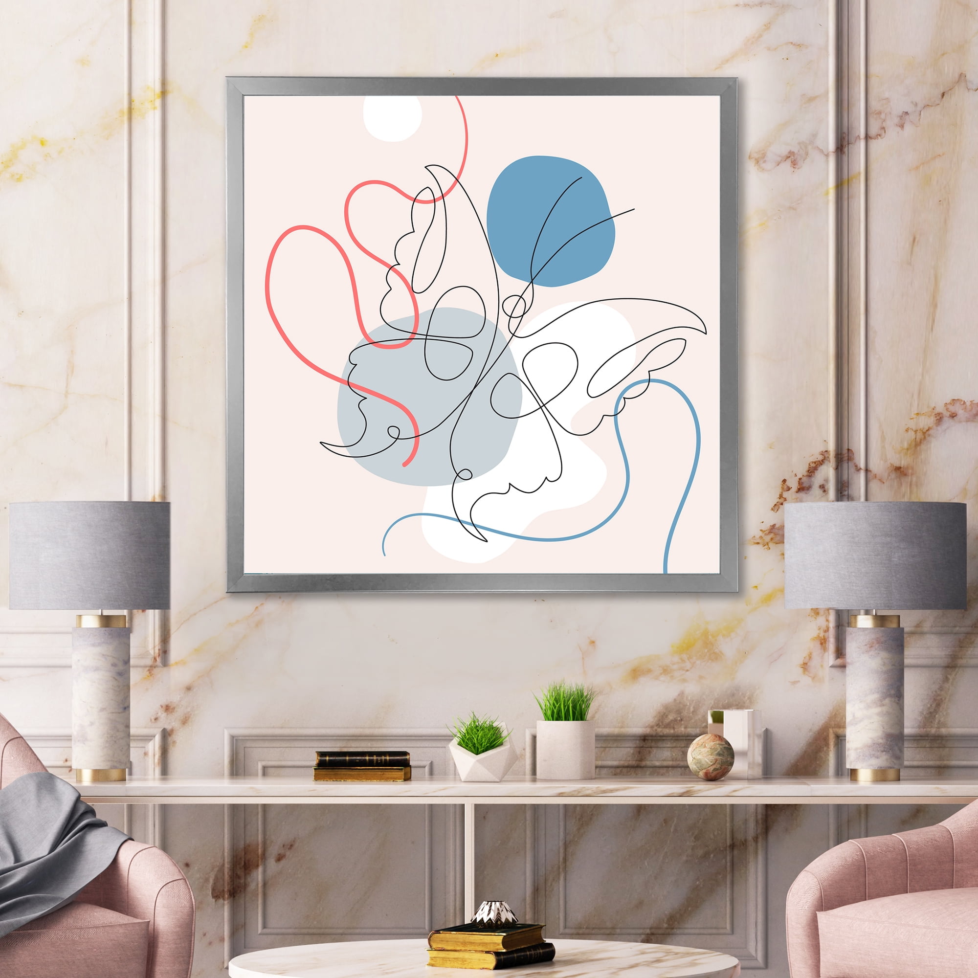 Designart 'Butterfly With One Line Drawing On Cubism Shapes I' Modern Framed Art Print