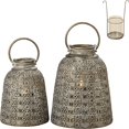 thumbnail image 7 of Grand Tour Temple Bell Lanterns, Set of 2, Hurricanes, Distressed Gold, Weathered, White Gray Patina, Iron, 10 1/4 and 8 1/4 Diameter Inches, Inner Floating Candle Holder and Glass, Loop Handles, 7 of 7