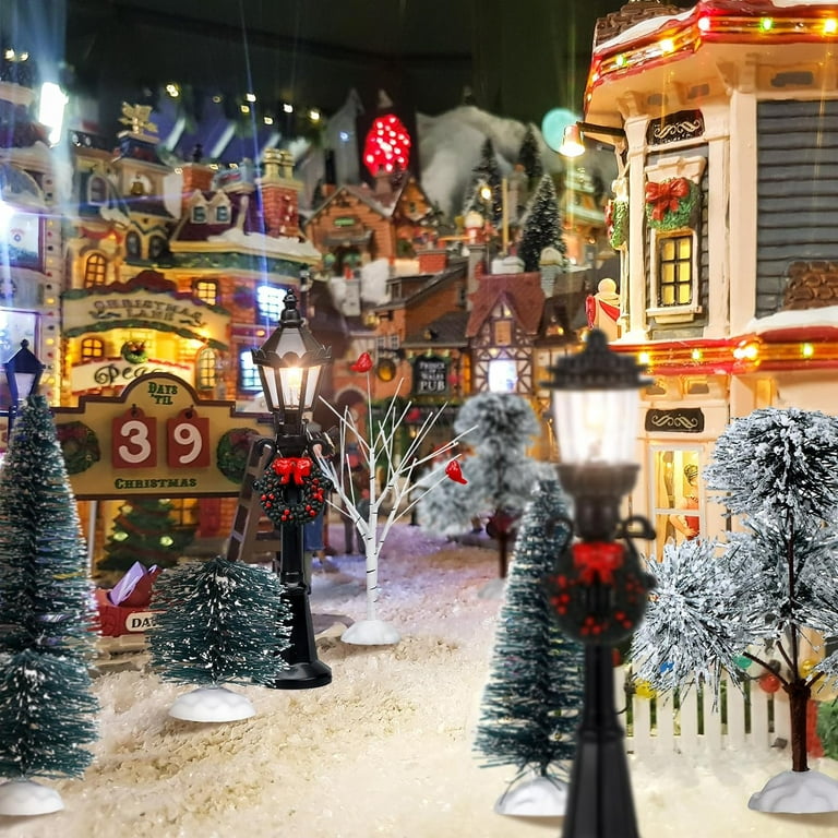 14 Pcs Christmas Accessories Village Figurine Miniature Pine Trees Snow  Artificial Christmas Trees Bare Branch Trees Street Lights Lamps for Xmas  DIY