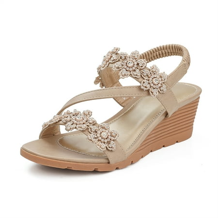 

SHIBEVER Wedge Sandals for Women Bohemia Elastic Ankle Strap Sandals Open Toe Flower Rhinestone Summer Platform Shoes Beige
