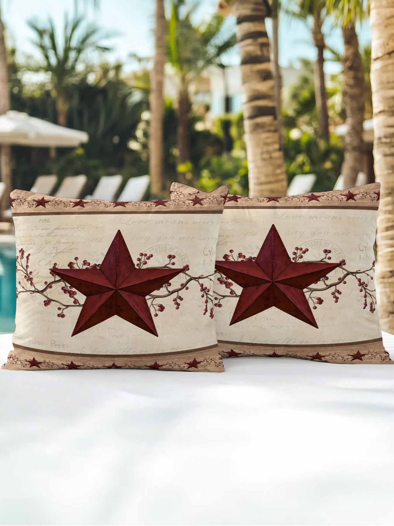 Outdoor Pillows Waterproof, Red Texas Star Rustic Bedding Throw Pillows with Insert for Couch Sofa Bed, Farmhouse Berry Brown Wooden 18x18 Inch Pillowcases Decorative Camping Patio Pillow Set of 2