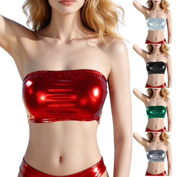 Women's Metallic Shiny Tube Top - Strapless Party Crop Top for Rave, Festival & Night Out Silver