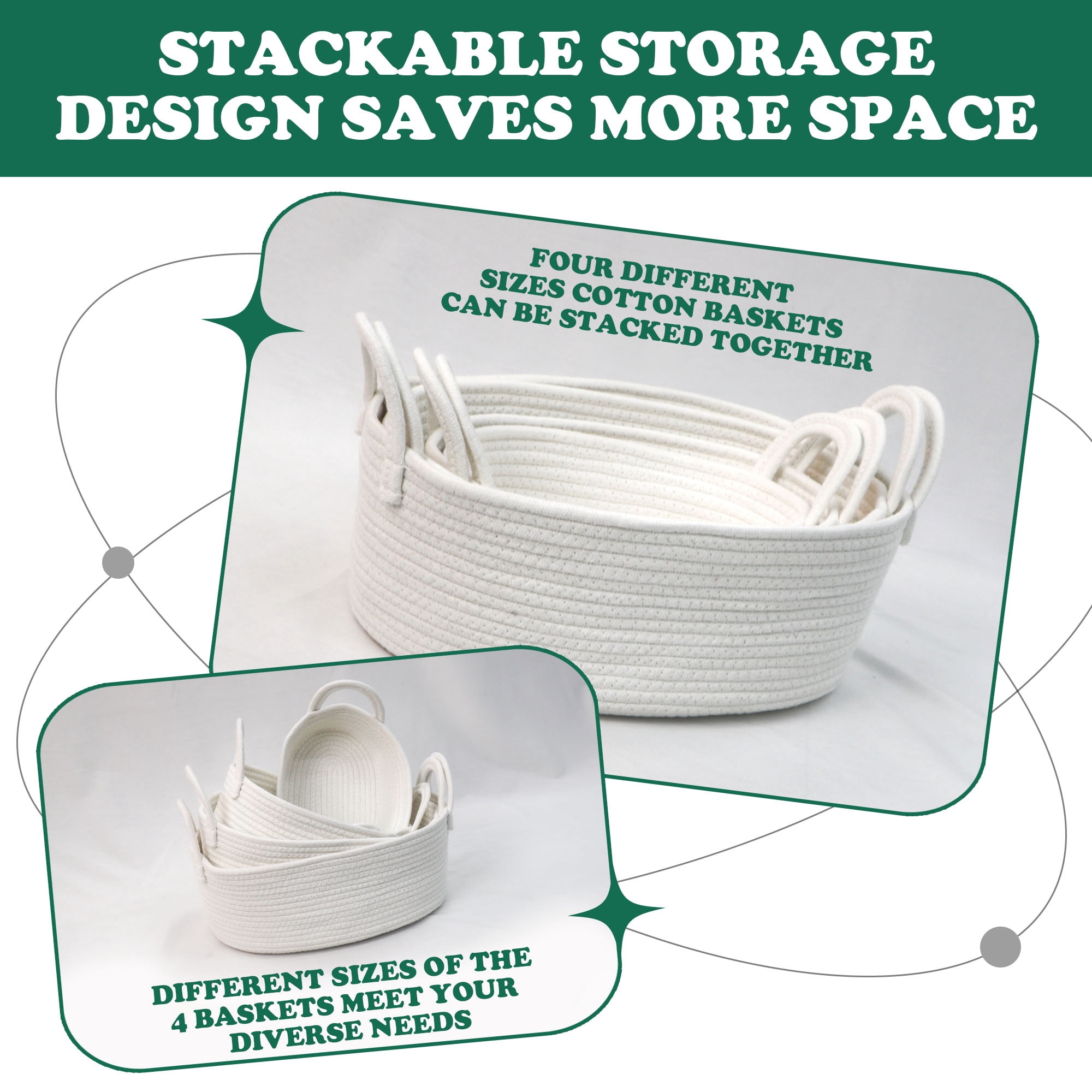 Caroeas 4-Piece Cotton Rope Baskets, Shelf Baskets for Organizing Shelves, Woven Decorative Basket, Nesting Bins for Baby Nursery and Toys, White (4 Sizes)