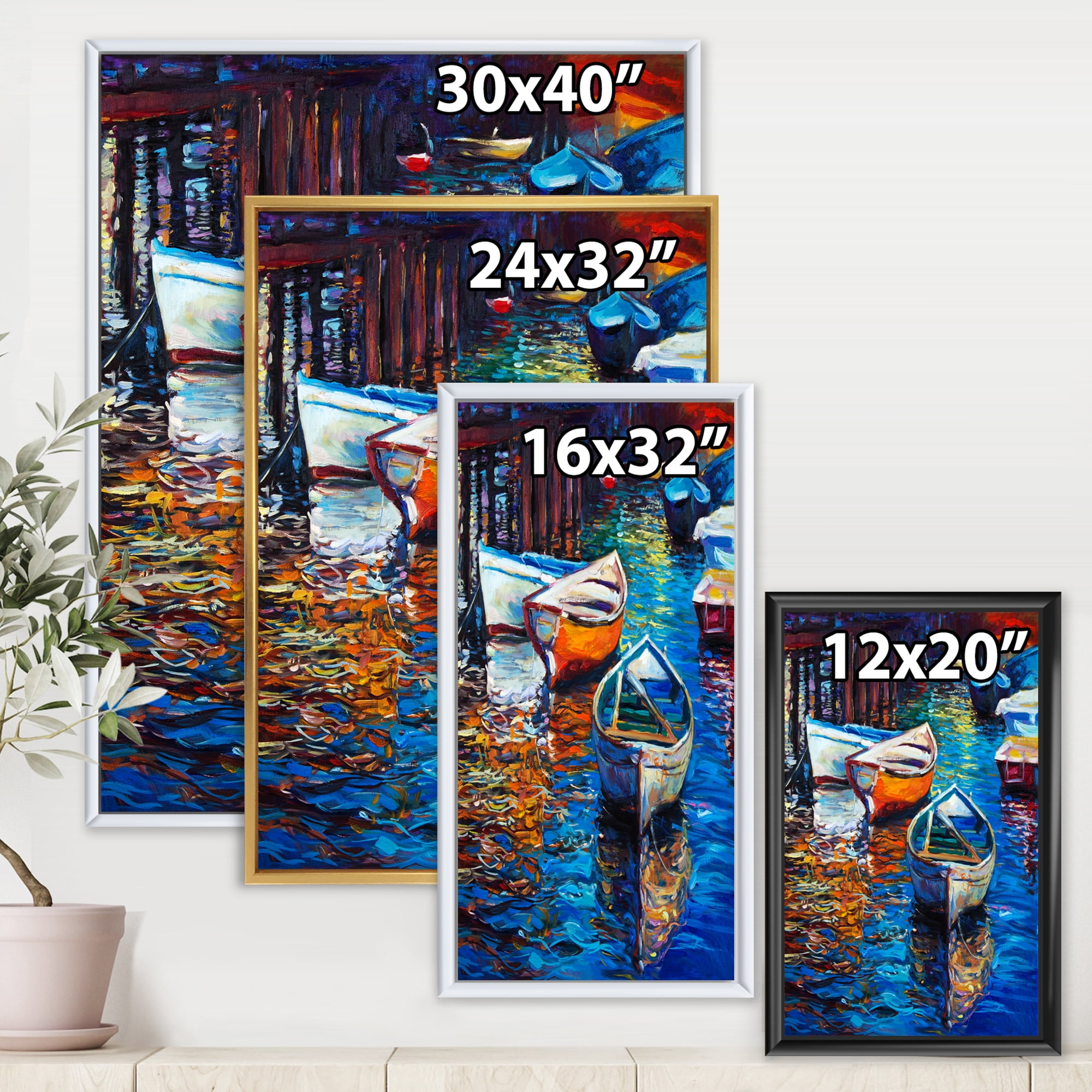 Designart 'Boats During Warm Sunset Resting On The Water X' Nautical & Coastal Framed Canvas Wall Art Print