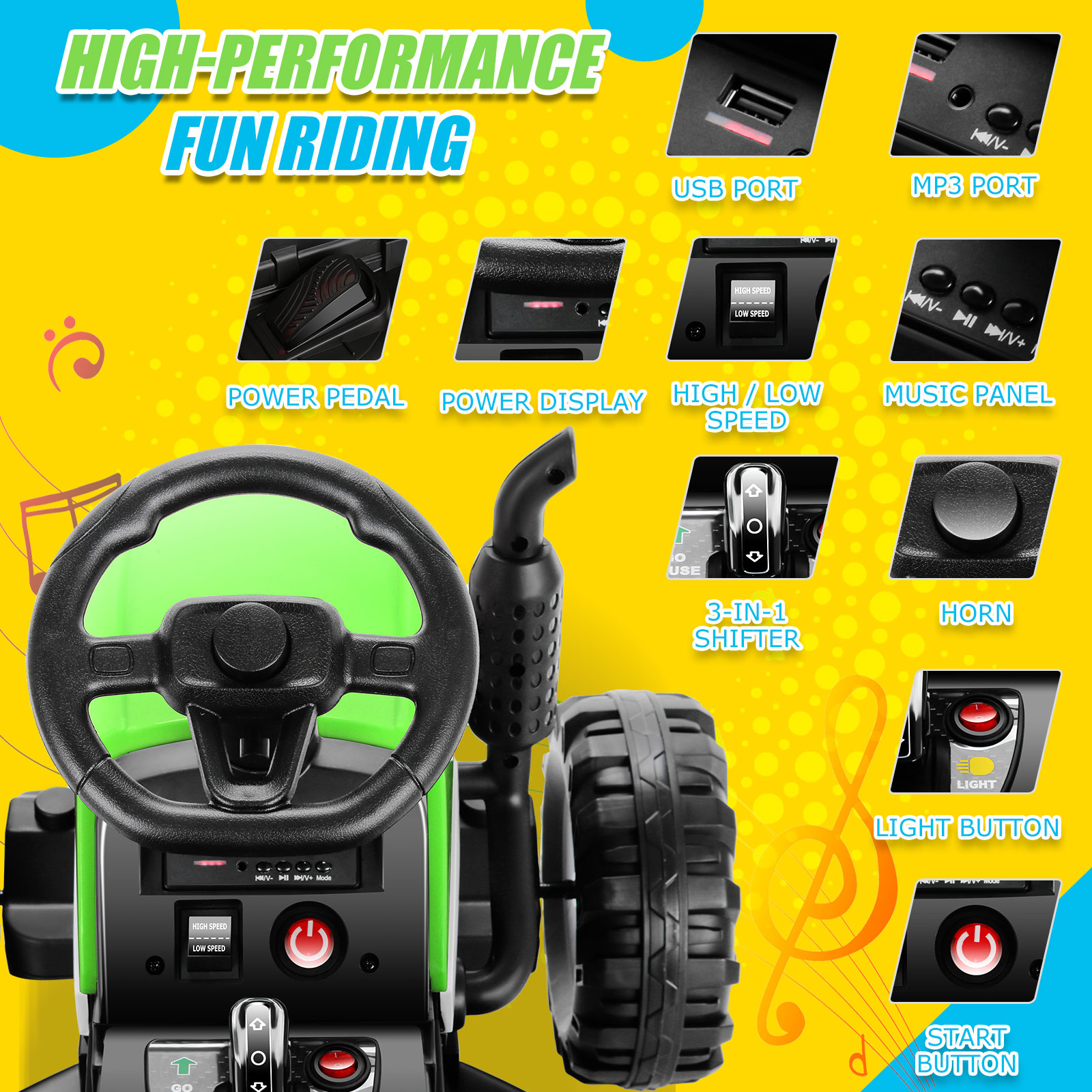 Funcid 12V Ride on toys Ride on Cars with Remote Control, Electric Car 2*100W Powerful Ride on UTV w/ Bluetooth, Battery Indicator, Knob Volume Control, Spring Suspension, Black