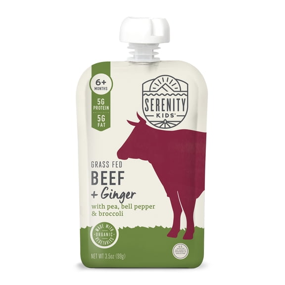 Serenity Kids Grass Fed Beef & Ginger with Organic Pea, Bell Pepper & Broccoli Stage 2 Baby Food Pouch - 3.5oz