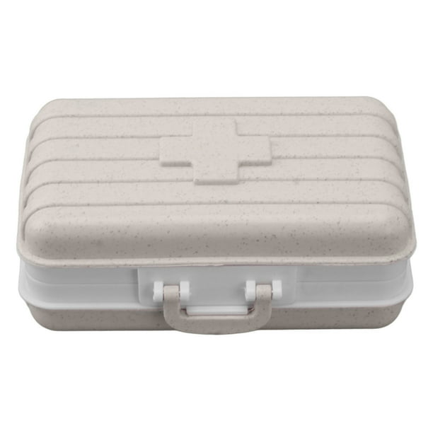 Mini caja de medicamentos con 6 compartimentos, diseño de equipaje, cierre hermético, contenedor de medicamentos de plástico para viajes de bolsillo, color beige