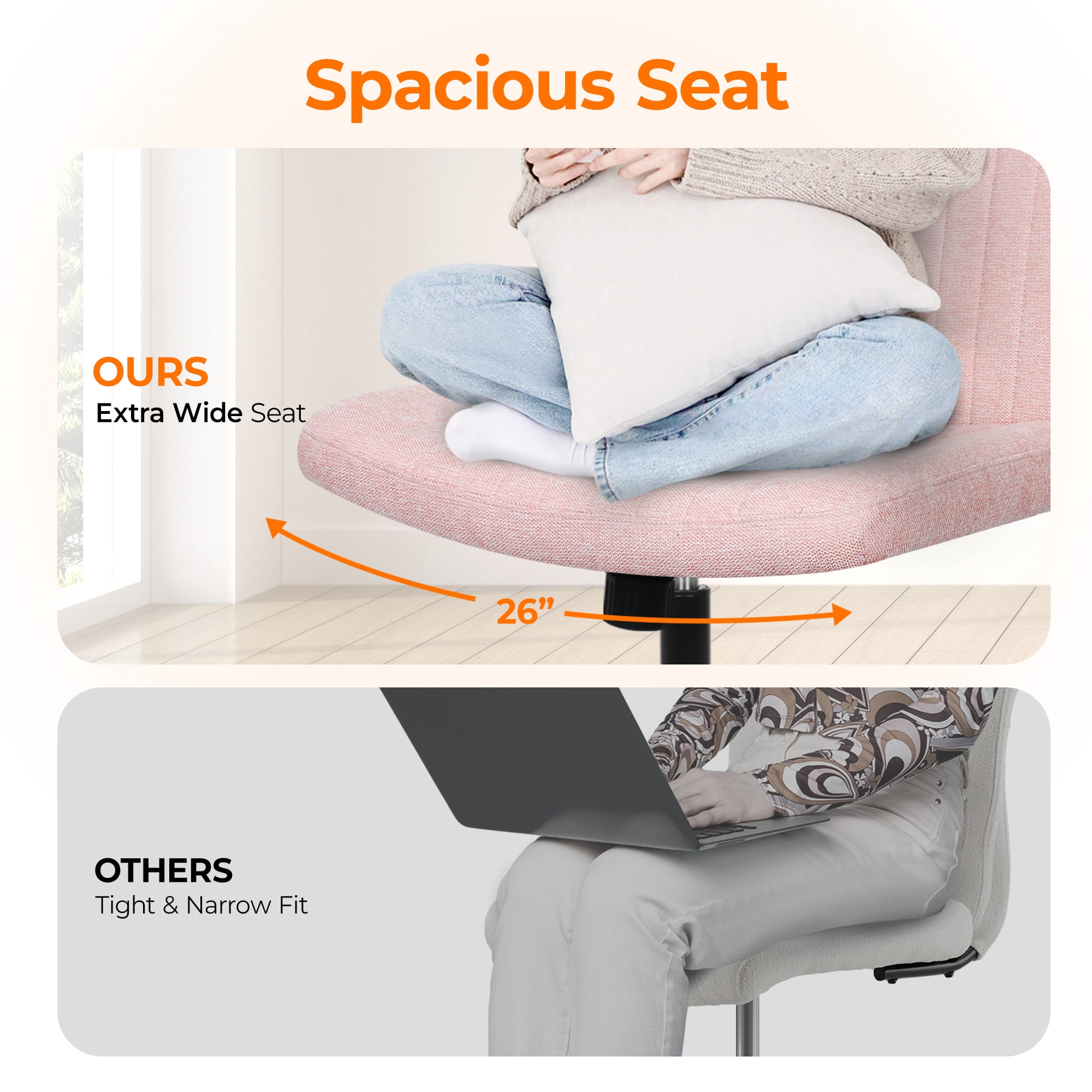 Orange Factory Criss Cross Chair Wheels Wide Cross Legged Office Desk Vanity Chair Comfy Fabric Armless Adjustable Swivel for Home Computer Task (Pink Wheel, Fabric)