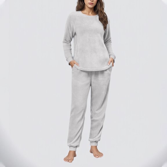SYMOID Womens Gray Loungewear Set - 100% Polyester Soft Warm, Long Sleeve Top & Jogger Pants with Pockets, S-XXL for Home/Sleep/Casual Use,Size L