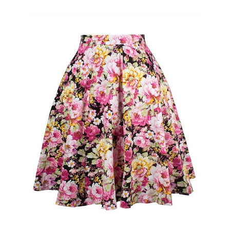 - Women Floral Print A-Line Midi Waist Skater Casual Flared Pleated Vintage Swing Skirt Ladies Polka Sots Solid Color Loose Skirts