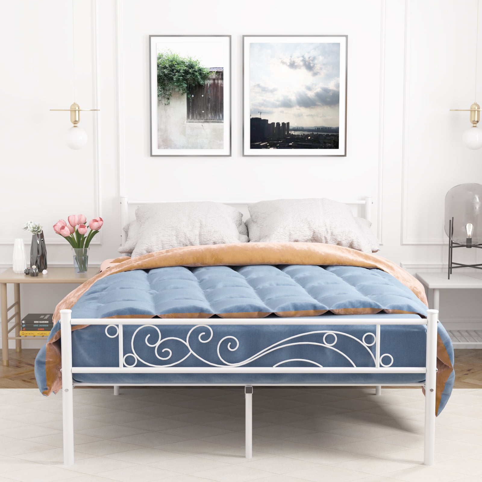 Yoneston Metal Platform Bed Frame Twin Size Single Bed frame with Wave Headboard & Footboard for Adult Bedroom Furniture, White