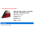 thumbnail image 2 of Right Tail Light Assembly - Compatible with 2003 - 2004 Toyota Avalon, 2 of 2