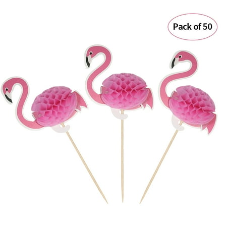 - 50pcs 3D Cartoon Fruit Food Toothpicks Cupcake Topper Cake Picks Decorations for Hawaii Luau Beach Wedding Birthday Pool Party--Flamingo