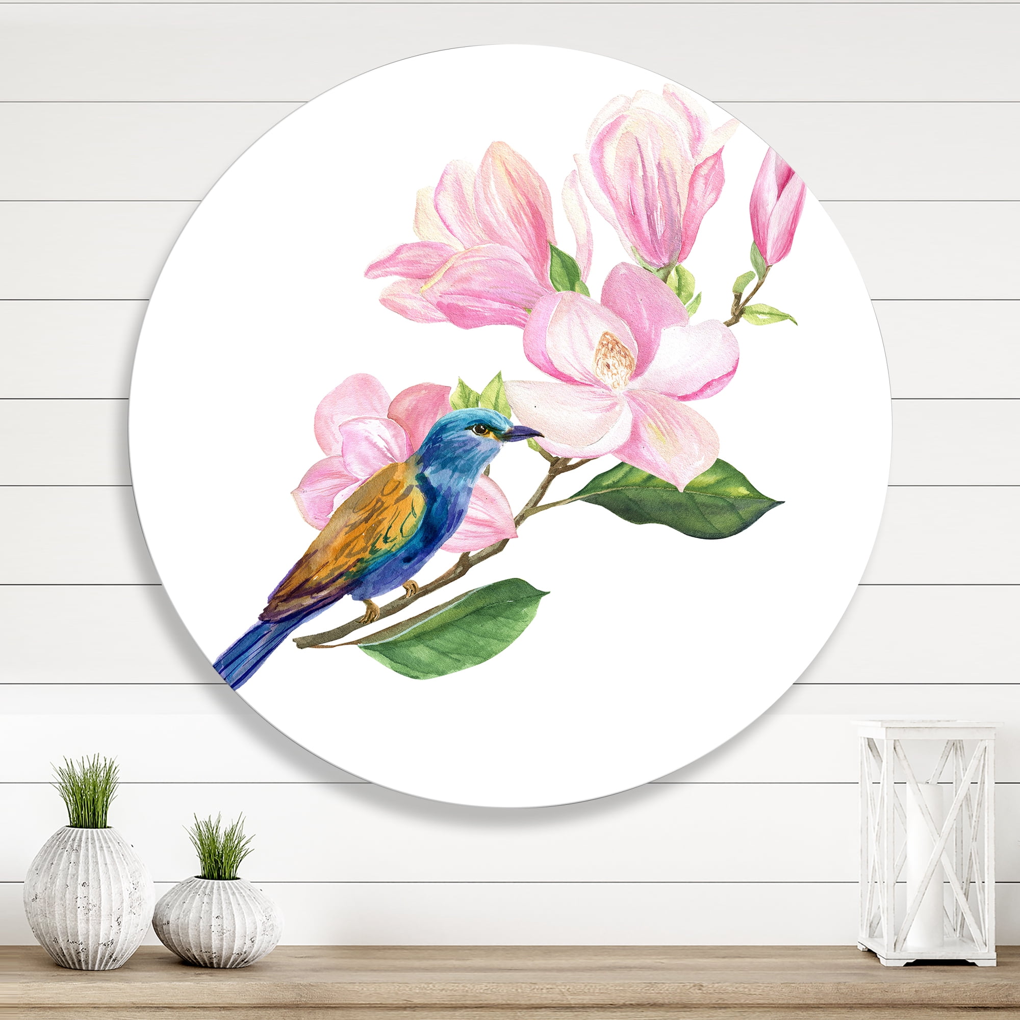 Designart 'Blue Bird Sitting On A Pink Magnolia' Traditional Circle Metal Wall Art 11x11 - Disc of 11