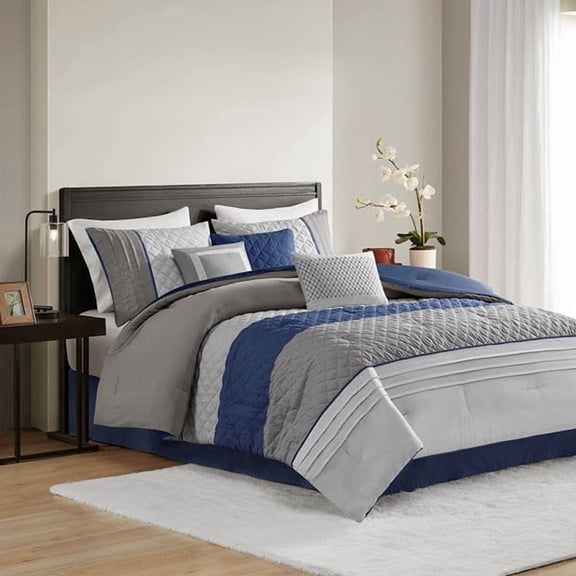 Madison Park Queen Size 7 Piece Color Block Stripe Comforter Set with Throw Pillows Blue,Bed in a Bag,All Season Bed Set,Cozy and Lightweight