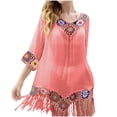 thumbnail image 2 of TMOYZQ Bohemian Summer Dress for Women Beach Swimsuit Cover Up Chiffon Hollow Out Floral Short Sleeve Sundress Casual Loose Tassel Beach Dress, 2 of 5