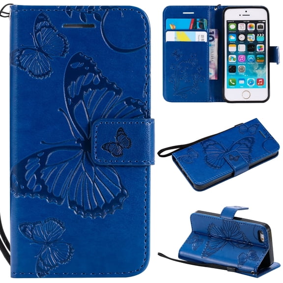 iPhone 5S Case,iPhone 5 Case,iPhone SE(2016) Wallet case, Pretty Retro Embossed Butterfly Flower Design Pu Leather Book Style Wallet Flip Case Cover for Apple iPhone 5/ 5S /SE(2016), Blue