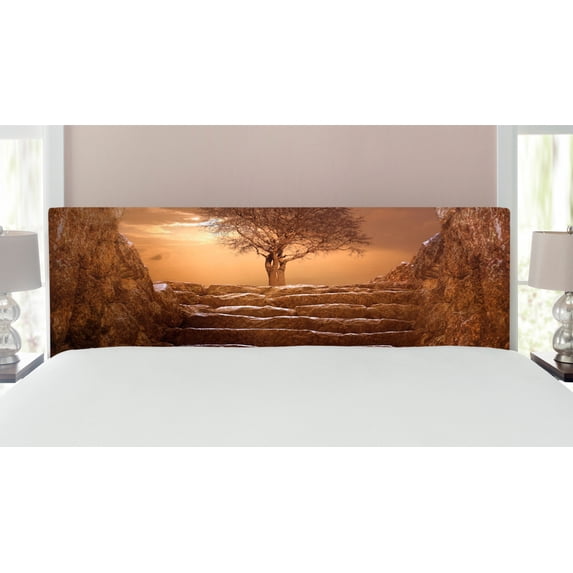 Tree Headboard, Treet Entrance with Stone Stairs Sun Rays Cloudy Sky Winter Landscape Monochromic View, Upholstered Decorative Metal Bed Headboard with Memory Foam, King Size, Brown, by Ambesonne
