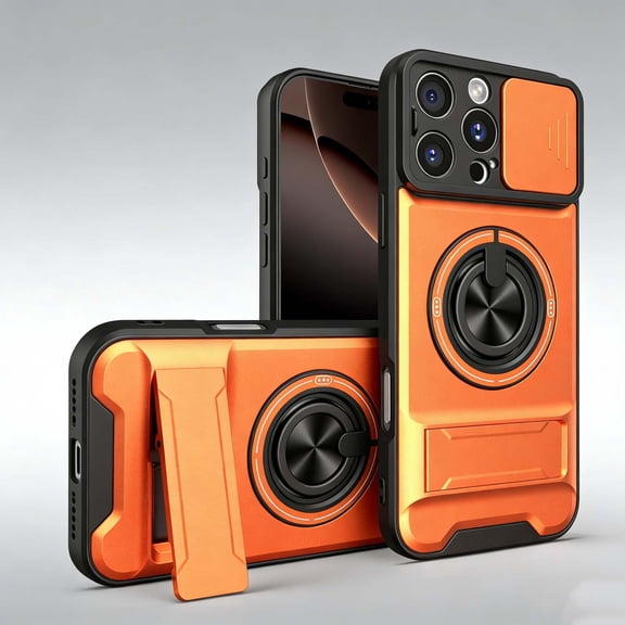 Magnetic For iPhone 15 Plus Phone Case,With Camera Cover,With 360°Rotatable Ring Holder,Heavy Duty Shockproof Anti-fall Drop Protection,With Contractile Kickstand,Durable Phone Case,Orange