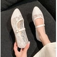 thumbnail image 5 of Women's Embroidered Mesh Mary Jane Flats Buckle Strap Square Toe Ballet Flat Chic Pearls Ballerina Shoes (White), 5 of 8