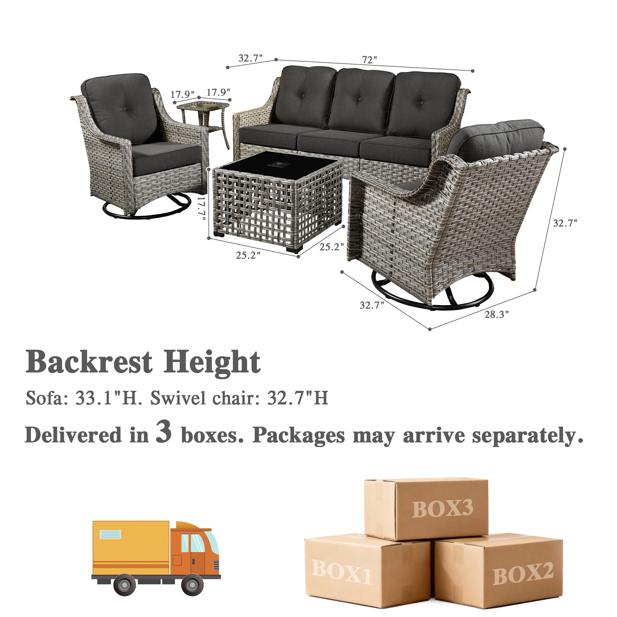 Ovios 5 Pieces Outdoor Patio Furniture Set High-Back Rattan Wicker Conversation Set Outdoor Sectional with Swivel Chairs & Solar Light Coffee Table, Black