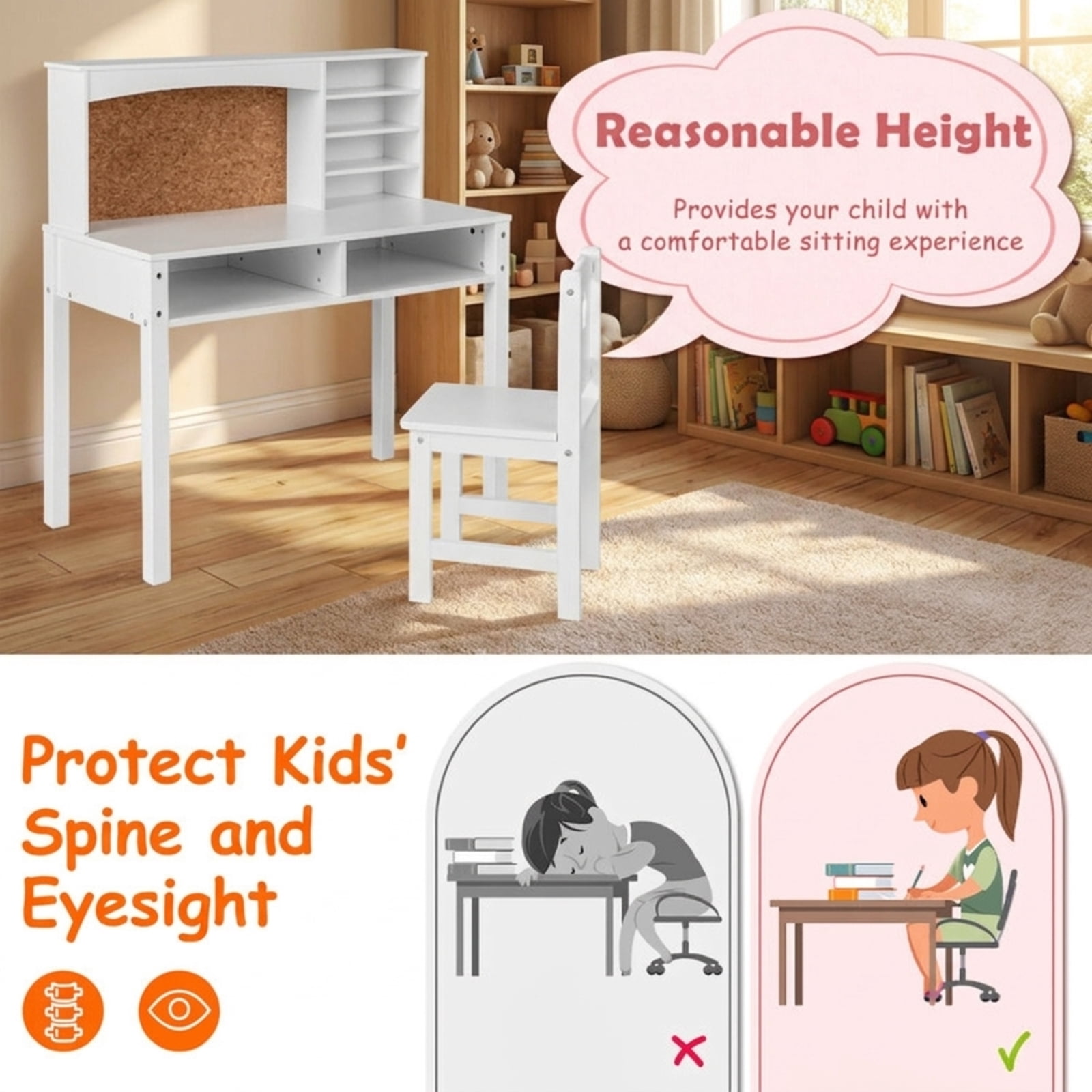 Furnibear Kids Desk and Chair Set with Hutch and Bulletin Board, Children Study Desk and Chair with Storage, Kids Writing Desk, White