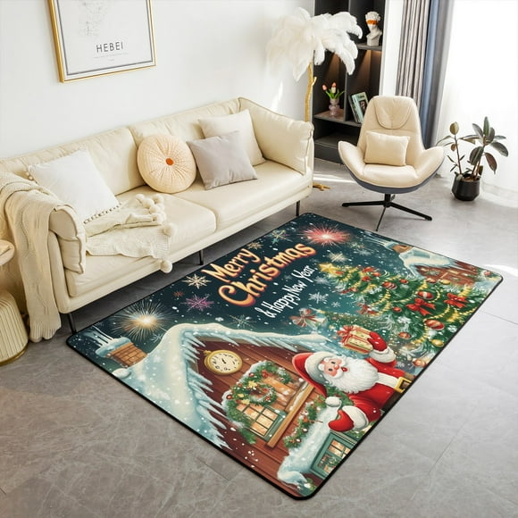 Merry Christmas Bowknot Area Rugs 3x5,Happy New Year Carpet,Cartoon Santa Claus Indoor Floor Mat,Glitter Snowflake Decorative Washable Rug for Bedroom Living Room Bedside Classroom