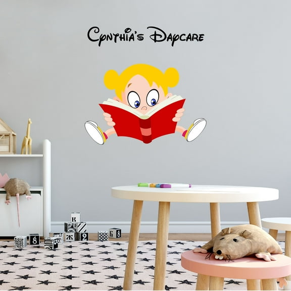 Personalized Name Day Care Wall Decal Cute Little Kid Reading Book Daycare Wall Decal for Care Taker Education Cute Themed Room Décor - Size: 10 In x 10 In