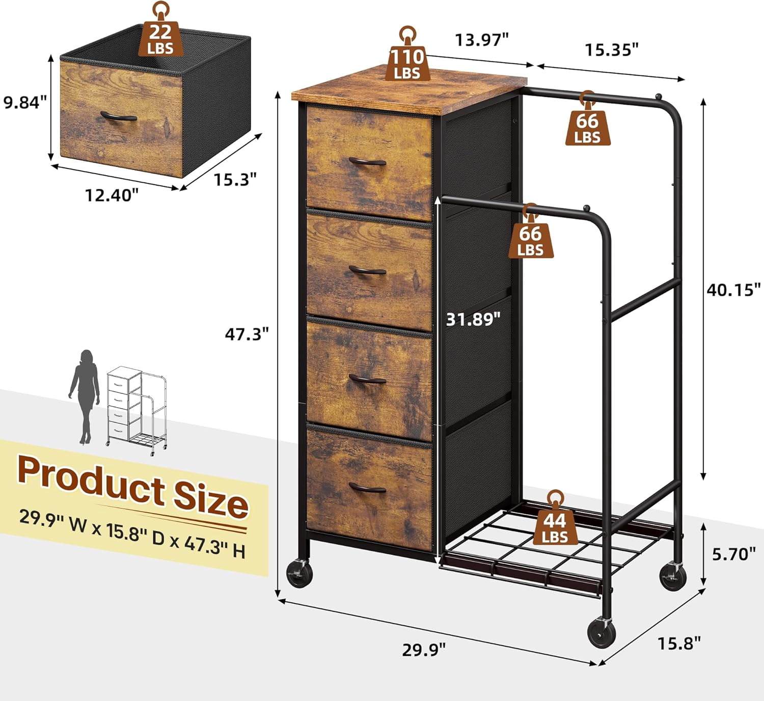 47.3" H Dresser with Hanging Rack, 4 Fabric Drawers with Double Clothes Rack & Wheels, Tall Closet Organizer Dresser for Bedroom, Entryway, Rustic Brown, 15.8" D x 29.9" W x 47.3" H