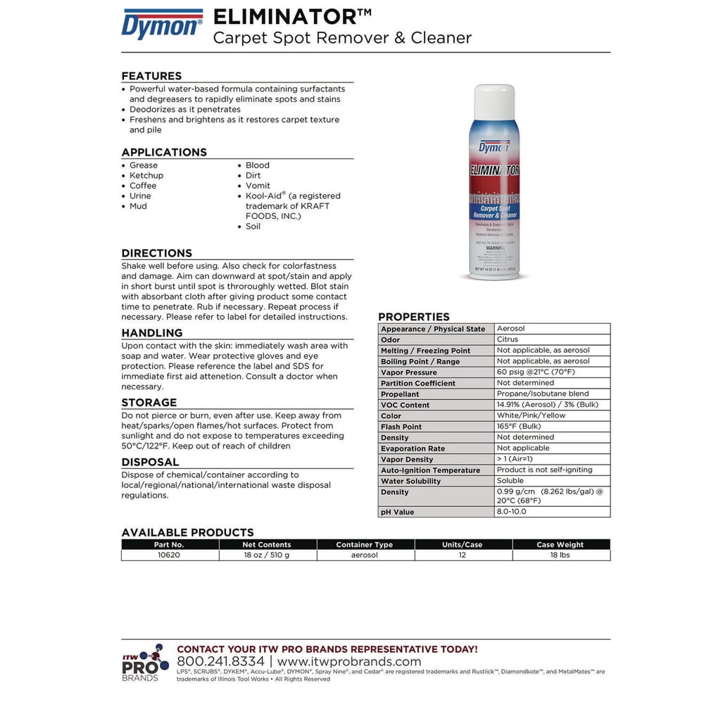Dymon Eliminator Carpet Spot & Stain Remover 20oz Aerosol 12/Carton 10620