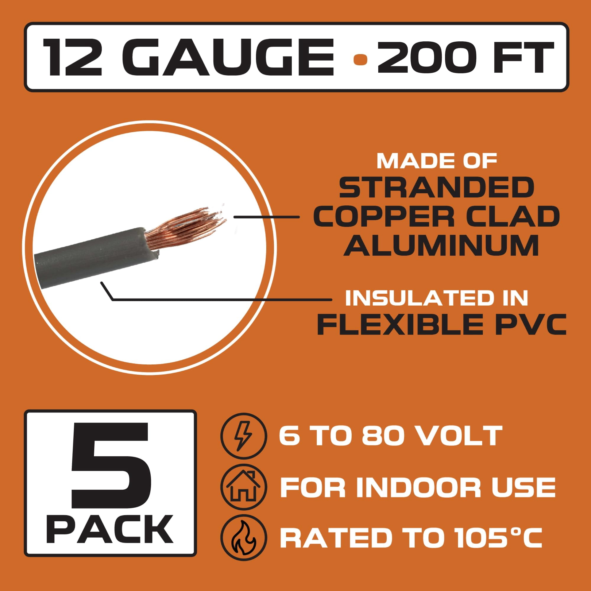 Iron Forge Cable 12 Gauge Primary Automotive Wire - 5 Roll Assortment Pack - 200 Ft of Copper Clad Aluminum Wire per Roll - for Home or Automotive