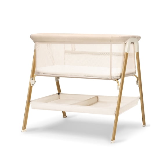 Baby Bassinet, Bedside Bassinet for Baby, Bassinet Bedside Sleeper with Mattress, Storage Basket and 4 Auto-Lock Wheels, Full-Mesh Sides, Bedside Crib for Newborn,Khaki