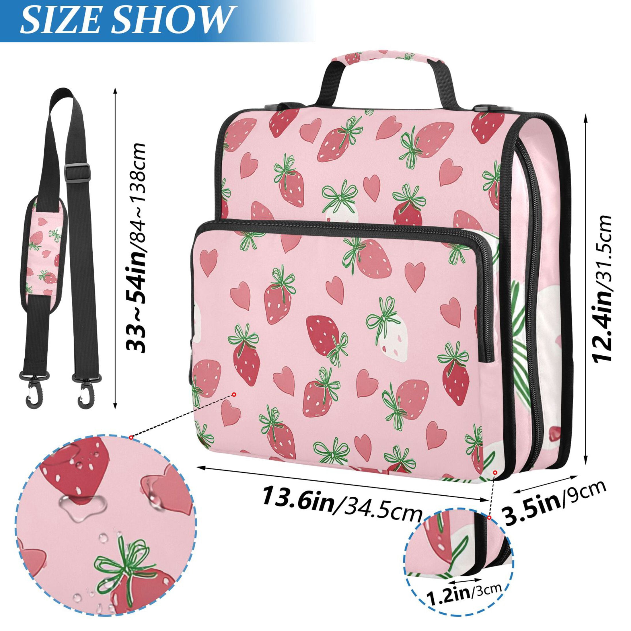 Zipper Binder Strawberry Bow Heart 1.5 Inch Binder Folder Bag with Shoulder Strap and Handle
