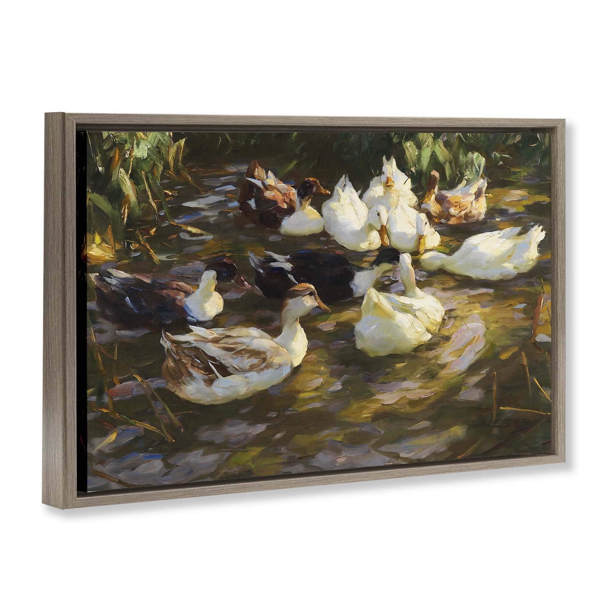 Stupell Industries Ducks in Flowing River Landscape Painting Brown Floater Framed Canvas Art Print Wall Art, 25 x 17