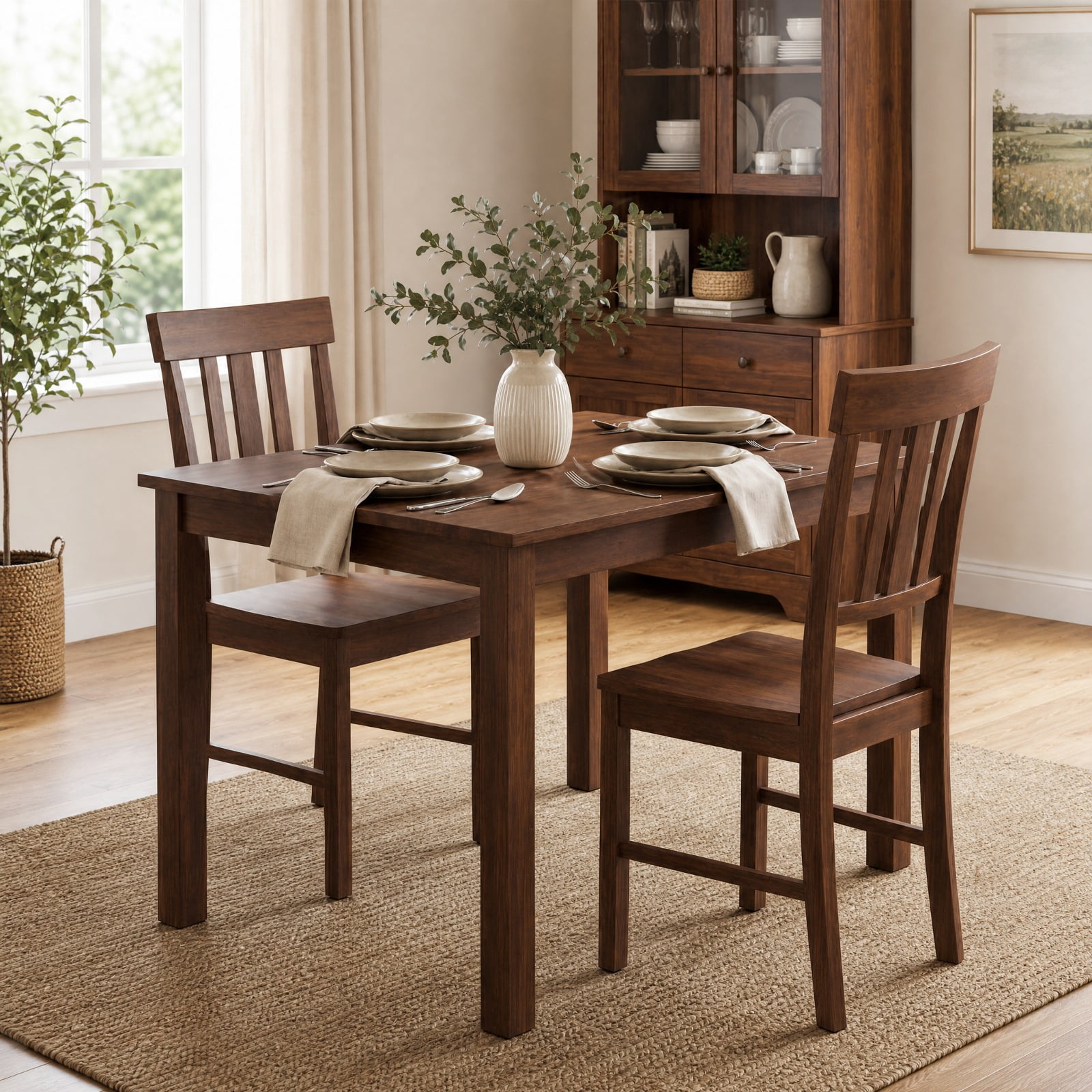 Furnibear Rubber Wood Dining Chairs Set of 2 with High Slat Backrests for the Dining Room Kitchen Study and Reception Room, Brown