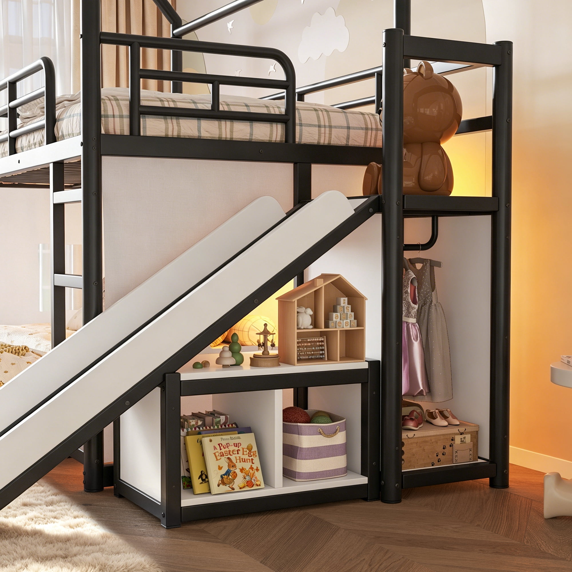 HOQBN Metal Bunk Bed Twin over Full,Playhouse Bunk Bed Frame with Slide & Ladder,LED Light Strip, Privacy Curtain, Movable Storage Cabinet and Hanging Rod,Black