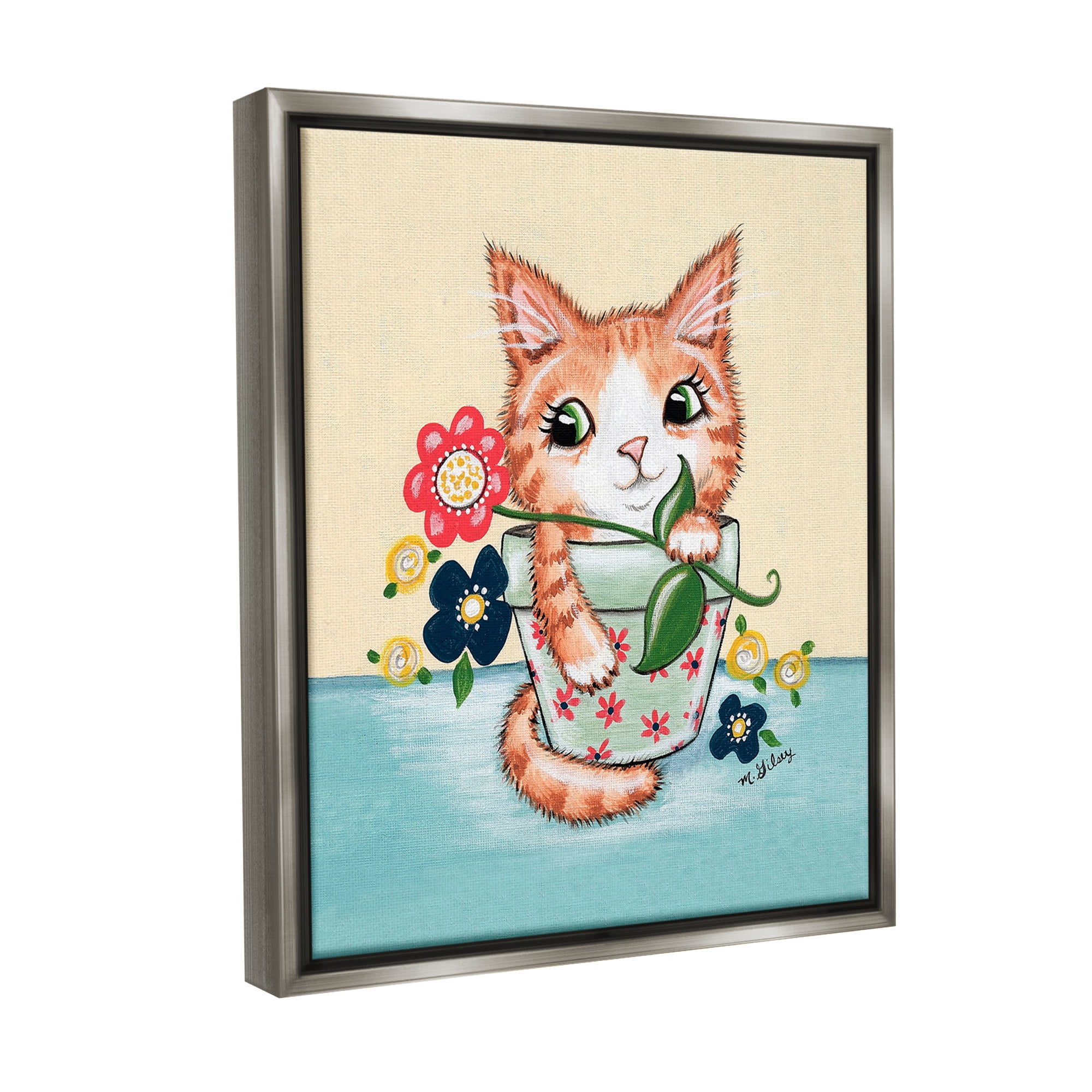 Stupell Industries Kitten in Flower Pot Animals & Insects Painting Gray Floater Framed Canvas Art Print Wall Art, 17 x 21