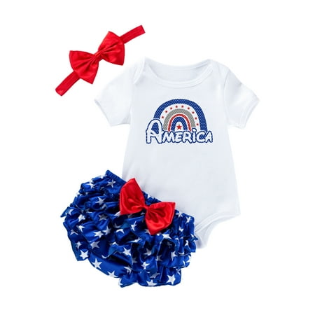 

wybzd Independence Day Baby Girl Summer Outfits Letter Rocket Print Romper Stars Tutu Shorts Headband