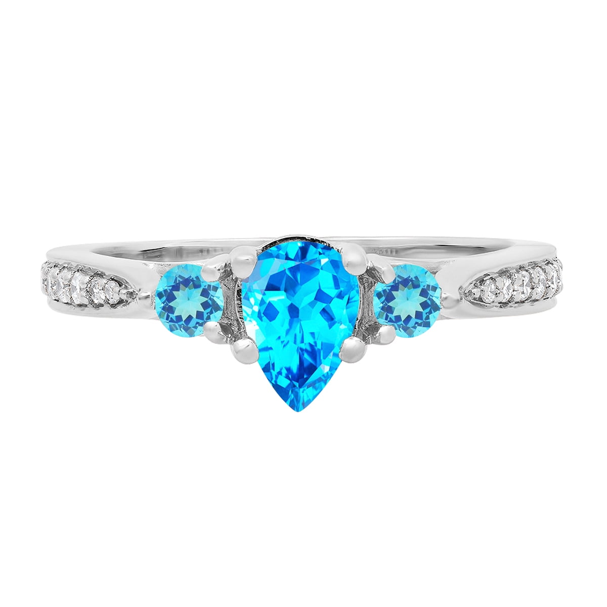 Dazzlingrock Collection 7X5MM Pear Blue Topaz & Round White Diamond 3 Stone Teardrop Engagement Ring for Women (0.10 ctw, Color I-J, Clarity I1-I2) in 18K White Gold, Size 7.5