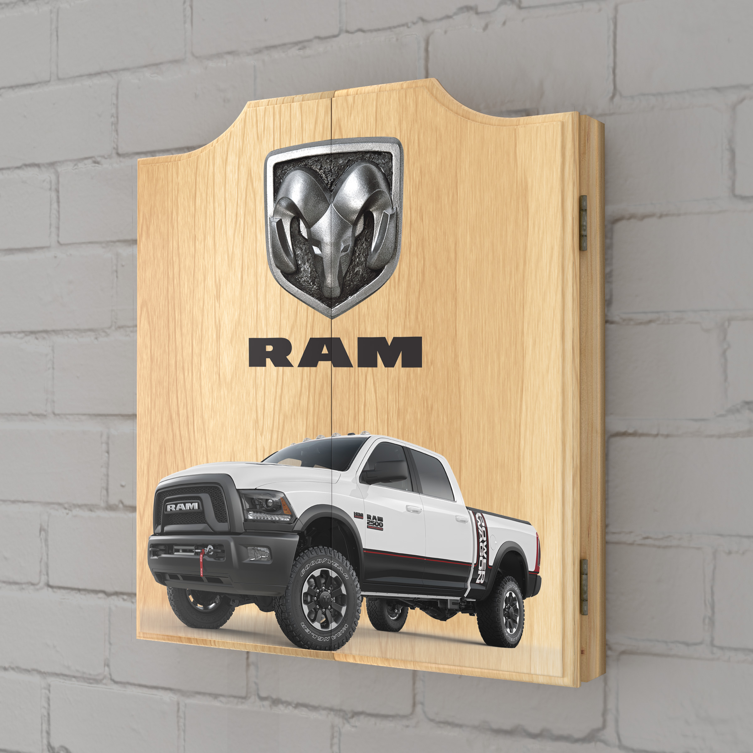 RAM Truck White Dart Board Cabinet Set with 6 Steel Tip Darts