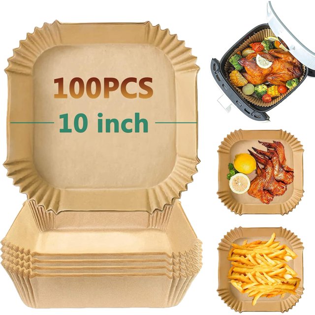 Air Fryer Disposable Paper Liner Square, 10 Inch Air Fryer Parchment Paper Liners 100 PCS, Air Fryer Liners Non-Stick Oil Resistant, Waterproof, Food Grade Baking Paper for Roasting Microwave