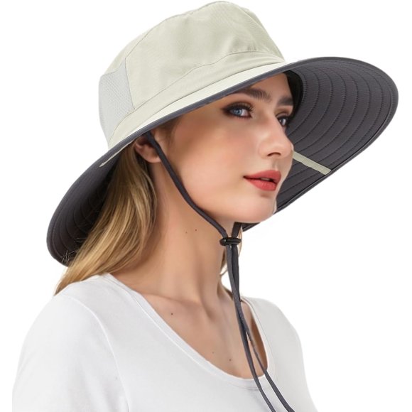 02 Beige (Color Block)Wide Brim Sun Hat, UPF 50+ UV Protection Waterproof Packable Bucket Hat for Men & Women, Fishing Hiking Beach Garden
