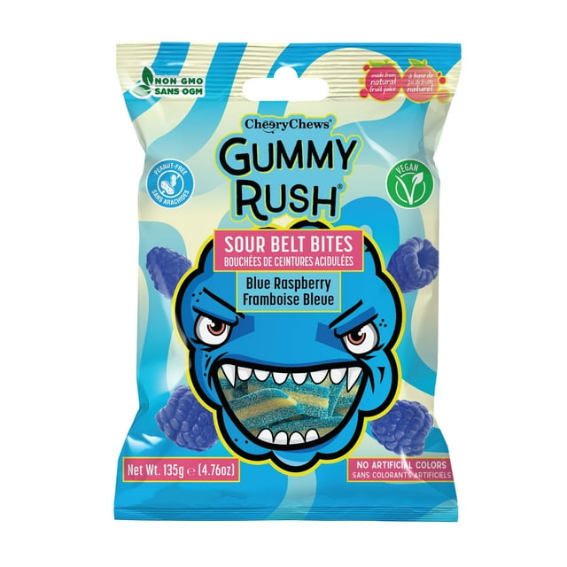 Cheery Chews Gummy Rush - Blue Raspberry - Sour Belt Bites, 135g Bag