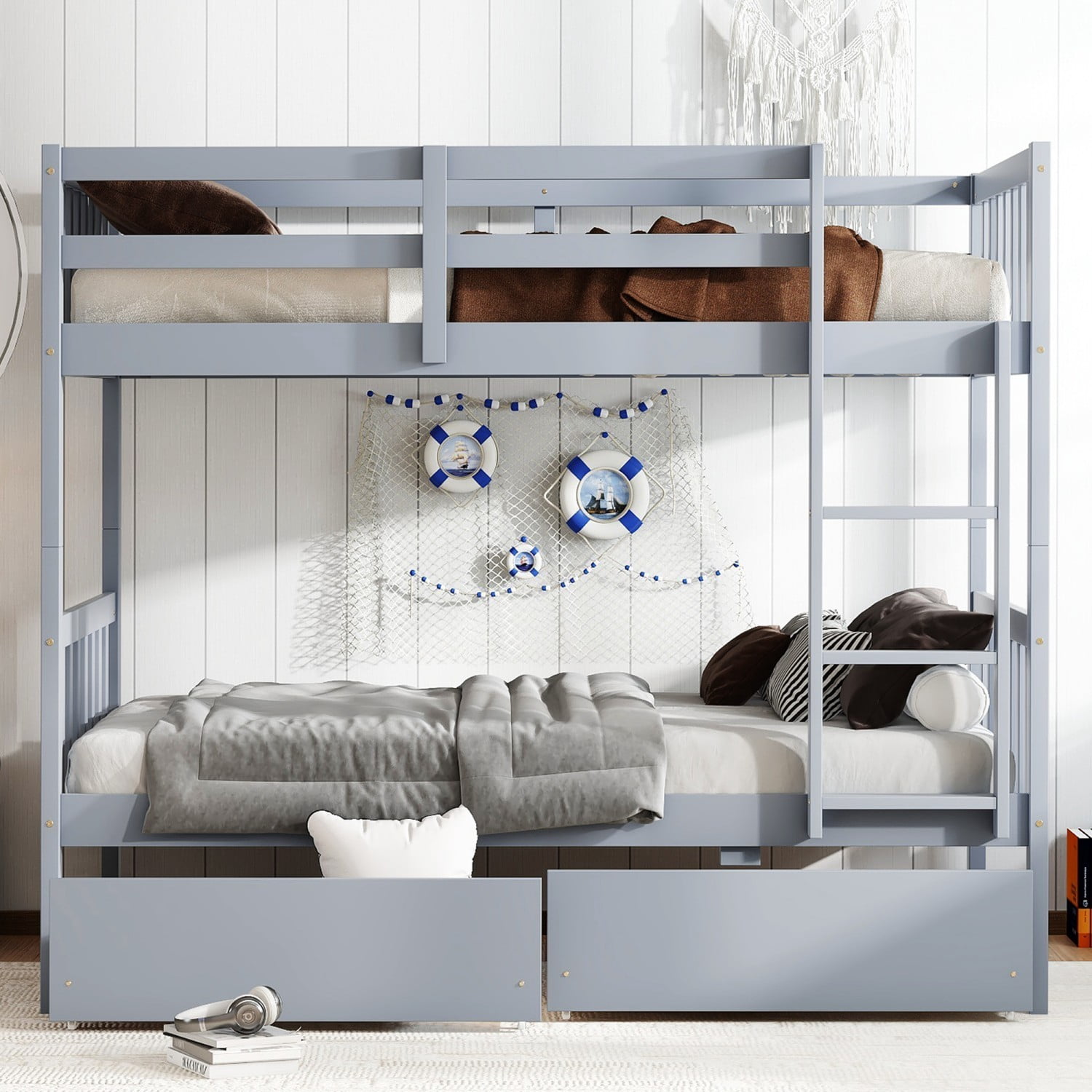 Twin Over Twin Rubber Wood Bunk Bed with Storage Drawers, Convertible Wood Bunk Bed Frame with Safety Guardrails and Ladder, Space Saving Kids Bed for Bedroom, Grey