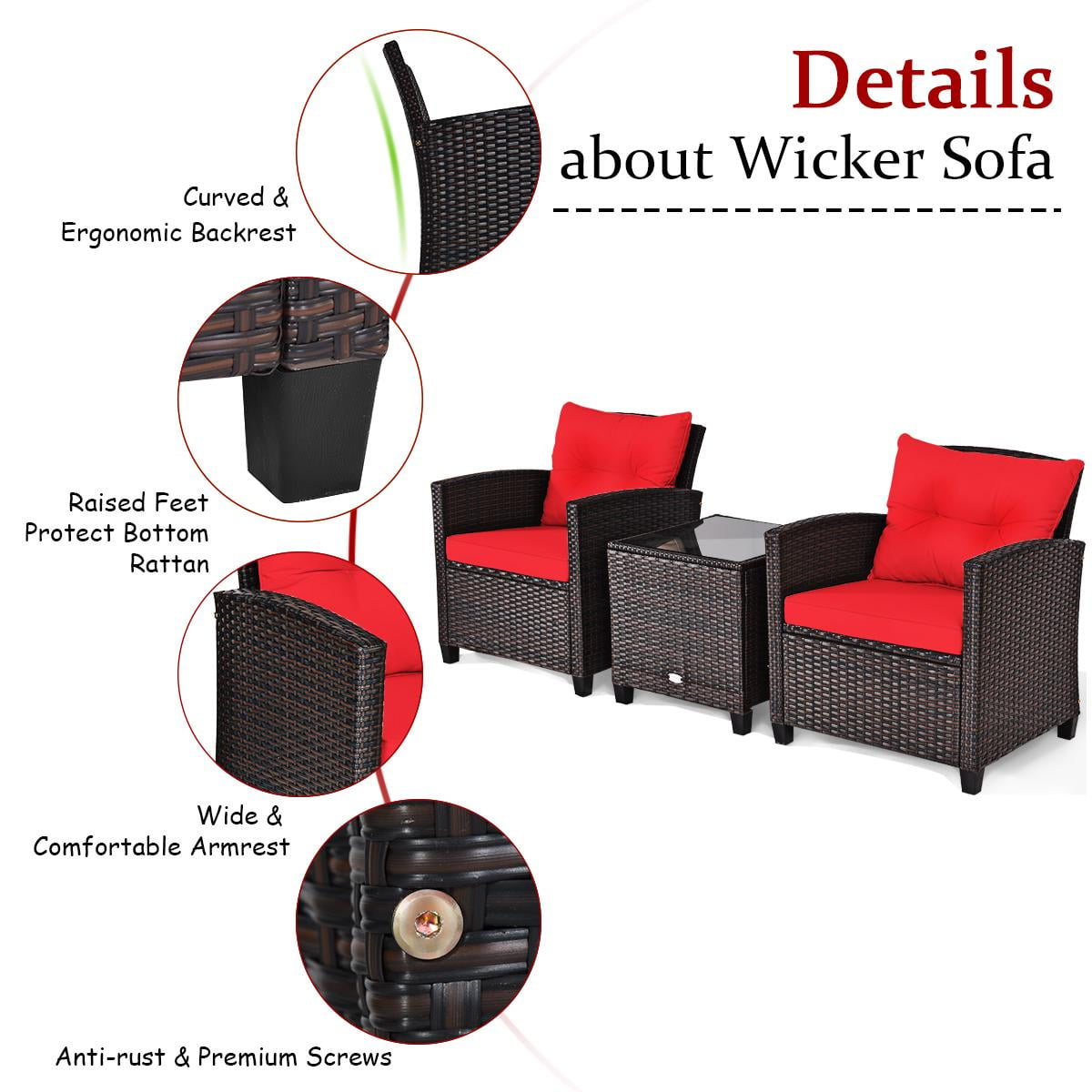 Giantex 3 Pieces Steel Rattan Patio Outdoor Sofa Set Cushion and Tempered Glass Tabletop Set, Red