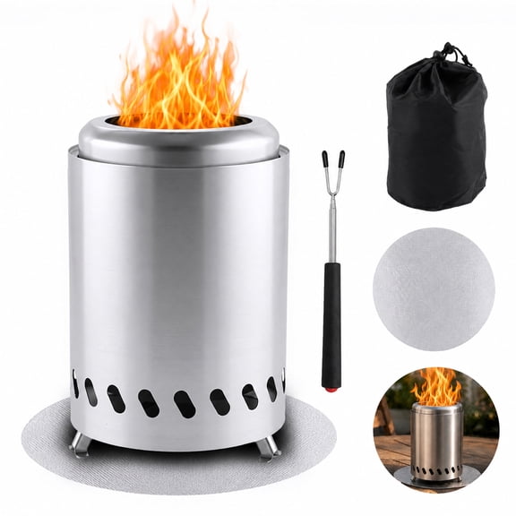 Aifanss Tabletop Fire Pit 8 x 5.5 inch, Portable Low Smoke Table Top Firepit, Stainless Steel Mini Fire Pit with Travel Bag, Fireproof Mat and Roasting Forks, Silver