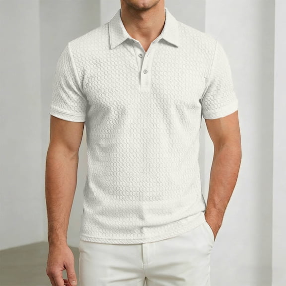 CHENHANN Polo Shirts for Men Short Sleeve Button Down Textured Shirts Loose Fit White Mens Shirt