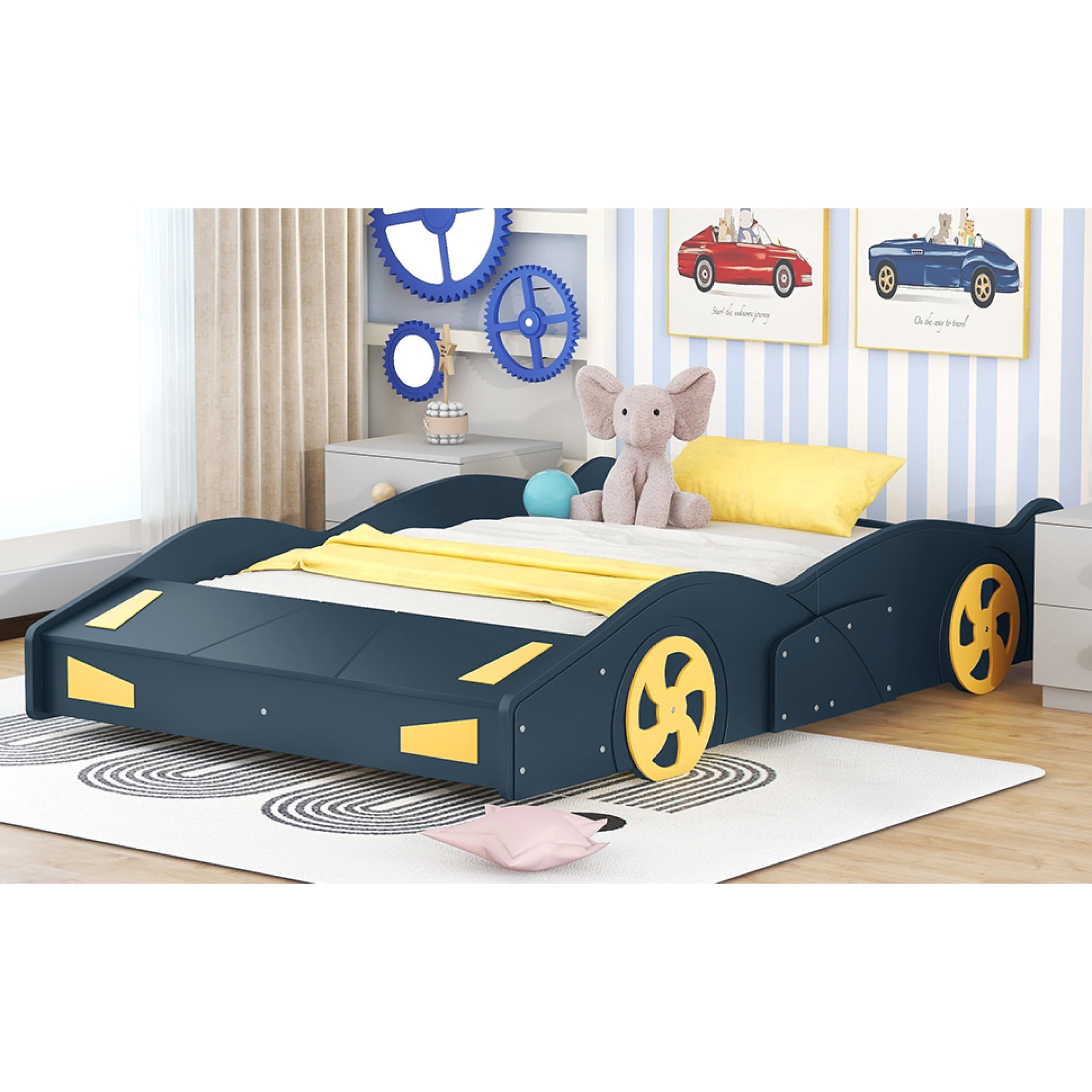 Full Size Race Car-Shaped Platform Bed with Wheels and Storage, Dark Blue&Yellow 60AAC