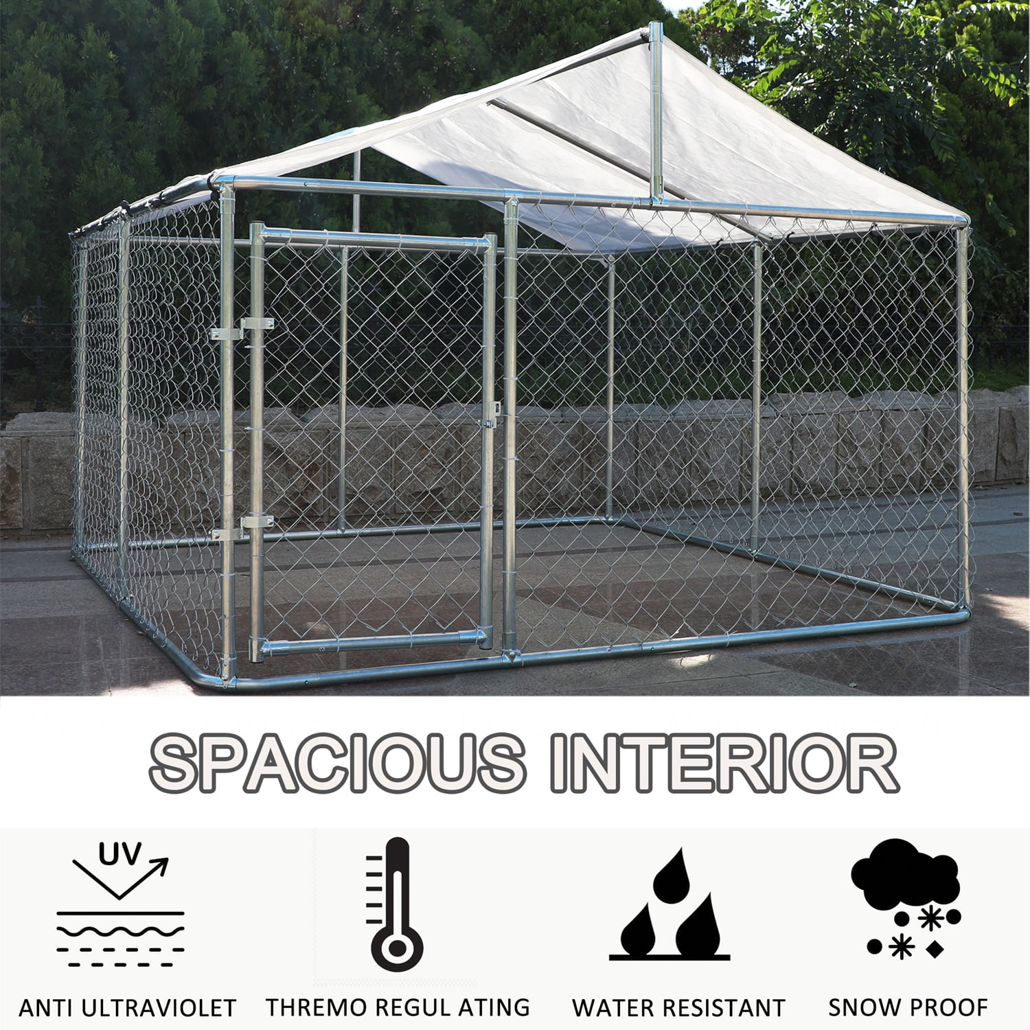 DetalleGo Large Outdoor Dog Kennel, Heavy Duty Galvanized Steel Dog Enclosure with Waterproof UV-Resistant Cover, Lockable Door Chain Link Playpen for Large Pets (90" L x 90" W x 65" H)
