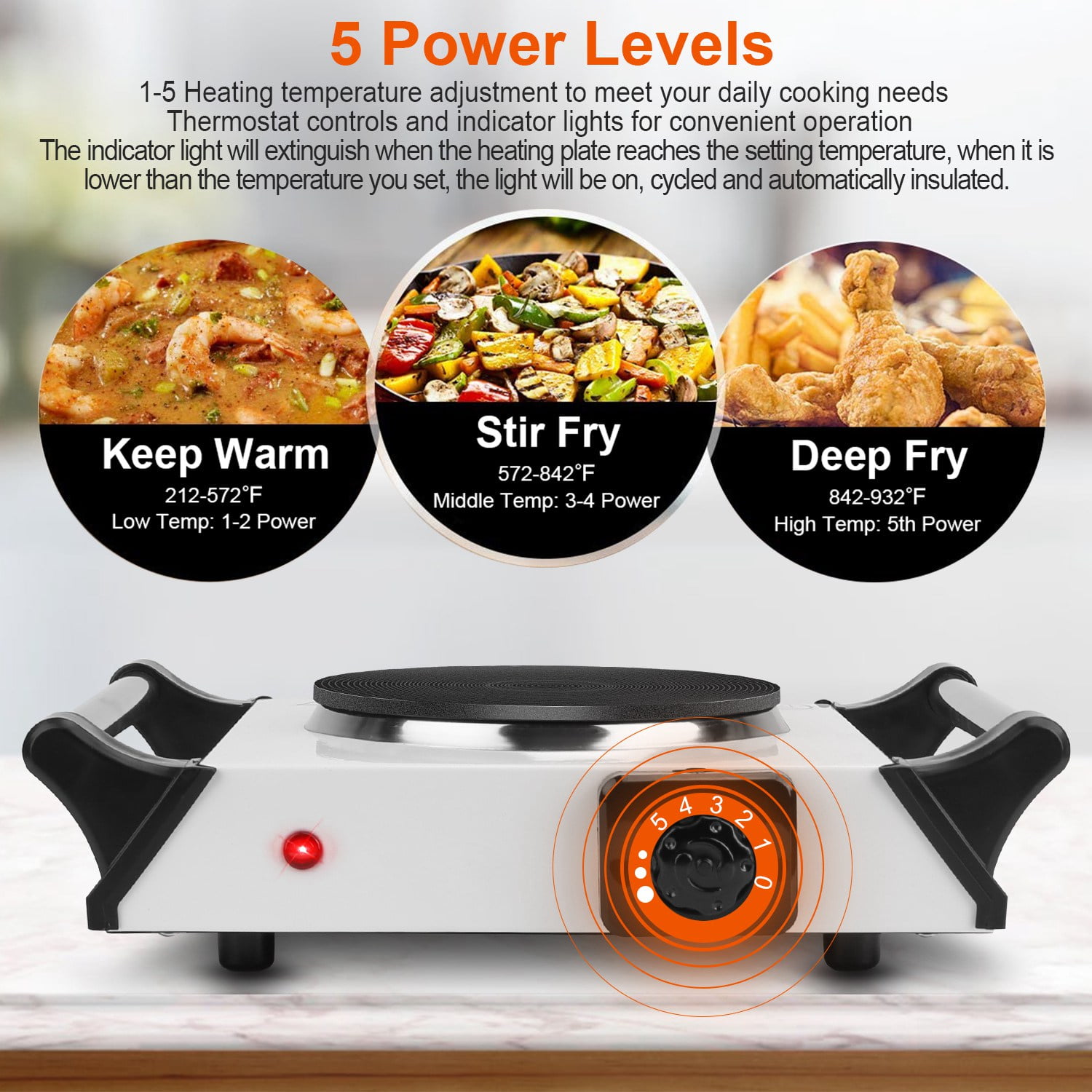Countertop Electric Single Burner 1000W Portable Heating Hot Plate Stove Kitchen Cooker Stove with Handles 5 Temperature Adjustments Black